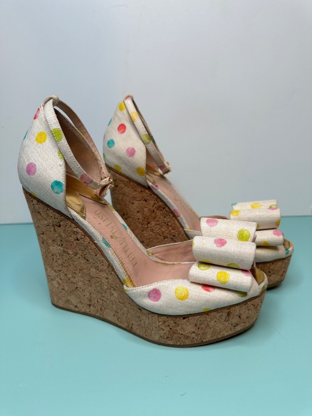 Palter DeLiso Linen Polka Dot Wedge Sandals, Sz 36